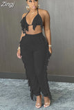 Y2K Tassel Women's Two Piece Sets Summer Halter Backless Crop Top And Pants Matching Sets Solid Slim Casual
