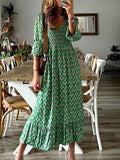 Chic V Neck Spring Summer Maxi Dress Loose Casual Ruffle A-Line Dress Elegant Floral Printed Women Half Sleeve
