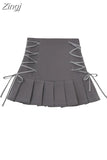Waist Pleated Skirts For Women Bandage Short Grey Skirts Gothic Sexy Club Streetwear Casual Harajuku Mini Skirts