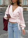 V-Neck Knitted Shirt Autumn And Winter Irregular Strap Elegant Short Top