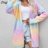 vintage cardigans winter new women's sweater 2022 new pockets rainbow tie-dye mid-length cardigan knitted sweater