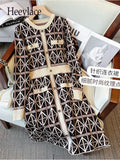 Winter French Vintage Warm Knitted Dresses Office Lady Elegant Retro Plaid Print Patchwork Knitting Dresses Women