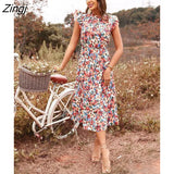 temperament Women SUMMER Dress Floral Print Dress 2022 New Casual Sea Holiday High Waist Short Flying Sleeve Midi