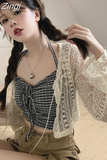 Lace Sunscreen Hollow Out Y2K Knitted Cardigan Slim Fit Sweaters Short Length Women Crop Tops Solid Summer