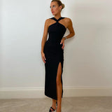 Women's Clothing 2022 Summer Elegant Black Red Halter Backless Split Mid-calf Evening Prom Dress Sexy Off Shoulder Party