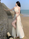 Women Beach Two Piece Set Sexy Strap Short Tops & High Waist One-Piece Lace Up Skirt Outfits Korean Fashion