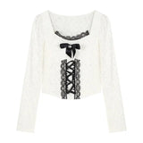 Women's Elegant Long Sleeve Crop Tops Bowknot Lace Patchwork Sweetheart Neckline Spring Fall Casual Slim Fit