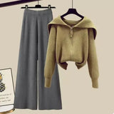Winter Knit Two Piece Sets Womens Outfits Ladies Casual Sailor Collar Knitted Sweater And Wide Leg Pants Sets Koeran