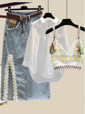 Outfits For Women 2023 Fashion Boho Knitted Vest+long Sleeve Sunscreen Blouse+side Split Pearl Beading Denim Skirts