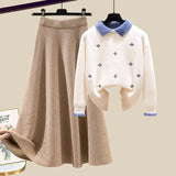 Knitted Two Piece Set Womens Outfits Korean Casual Turn Down Collar Long Sleeve Embroidery Knitted Sweater+skirts