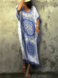 Indie Folk Printed Caftan Beach Dress Side Split Half Sleeve Women Summer Beachwear Long Cotton Robe de plage