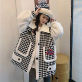 Harajuku Oversize Moto Plaid BF Winter Jackets Women Faux Lamb Fleece Thick Warm Coat Korean Loose Chidori Grid