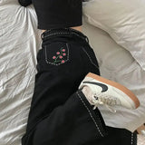 Women High Waist Denim Loose Baggy Simple Embroidery Wide Leg Trousers for Ladies All Match Summer Vintage Mopping