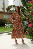 Queens Women Floral Print Long Sleeve Tassel Beach Bohemian Dress Robe Ladies Deep V-neck Boho Maxi
