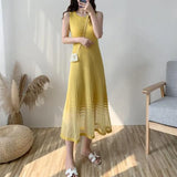 Women's Elegant Fashion Ice Silk Mesh Patchwork Knitted Long Dresses Ladies Sleeveless Temperament Slim Robe Casual