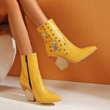 Stone Print Zipper Ankle Boots Women Wedges High Heels Western Boots Pointed Toe Crystal Autumn Winter Woman