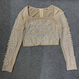 Women Fashion Top 2021 New Beading Mesh Sleeve Clothes Sexy Club Party Celebrity Evening