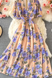 Bohemian Floral Long Dress For Women Sexy V-Neck Short Sleeve High Waist A-Line Big Swing Vestido Casual Blue Robe