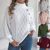 2025 Casual Solid Color Button Stung High-Collar Lantern Sleeve Sweater Women's