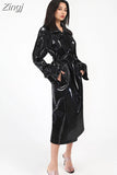 Spring Autumn Long Shiny Reflective Patent Leather Trench Coat for Women Sashes Luxury Designer Runway European