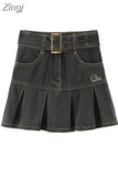 Spring Women's High Waist Denim Mini Pleated Skirt Harajuku Streetwear Vintage Loose Casual Ladies Y2K A-line Short