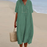 V-neck Short Sleeve Pleated Long Dress Simple Solid Color Loose Women Dress 2023 Summer Beach Cotton Linen Dress