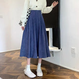 Chic Harajuku High Waist Elastic Pleated Skirt Women Elegant Preppy Style Y2k Skirt Autumn Winter Thick A-line Midi