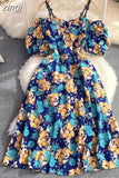 Vintage Slash Neck Off Shoulder Printed Dress Elegant Puff Short Sleeve High Waist A-Line Spaghetti Strap Vestidos