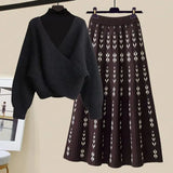 Warm Knitwears 3 Pieces Set For Womens Outfit Korean High Quality Pullover Knitted Sweater+print Pleated Skirts Sets