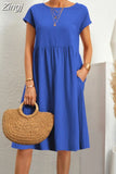 Neck Elegant Simple Short Sleeve Dress Summer Fashion Casual Dress for Women Cotton Linen Dresses 2023 Office Lady Robe