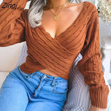 Women's Sweaters Twist Knit Pullover Sweater Winter V neck Full Balloon Sleeve Solid Slim Short Crop Pullovers 2022