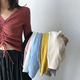 Sexy lace up knitting pullover top Fashion autumn winter sweater women Chic pink V-neck knit slim jumper pull
