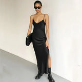 2022 Spring Summer Women Satin Slip Dress Female Solid Sexy Backless Satin Silk Long Evening Party Dresses Green