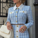 Women Solid Elegant Fragrant Breeze Button and Pocket Turn Down Collar Tweed Formal Skirt