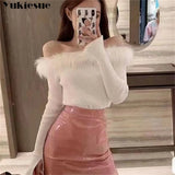 Women Pullover Neck Fur Patchwork Sweater Sexy Strapless Long Sleeve Knitted Tops 2022 Autumn Winter Female