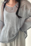 Out Korean Irregular Sunscreen Knitted Tops Women Loose Y2k Long Sleeve Pullover Sweaters Summer Thin Sheer Sueter