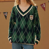 Brand Chic Vintage V-neck Argyle Sweater Women Harajuku Teens Loose Winter Pullovers Green Red Y2K Preppy Clothes