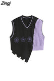Women's Patchwork Sweater Knitted Vests Loose Casual Female Hip Hop Gothic Streetwear Harajuku Vintage Trendy Asymmetry