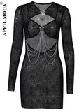 2 pcs Halloween Gothic Black Bodycon Sexy Mini Party Dress Slim Fit Net Print Hollow Out Long Sleeve Bandage Y2K