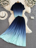 Women Pleated Two Piece Set Vintage Stand Collar Short Sleeve Draped Tops + High Waist Stretchy A-Line Skirt Suit