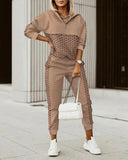 Women Fashion Plaid Print Zipper Front Hooded Top & Pants Set Two Pieces Suit Flare Pants