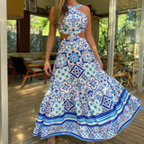 Bohemian Sexy Printed Women Dresses Halter Sleeveless Backless Naked Waist Long Dress Fashion Summer Beach Holiday