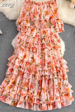 Vintage Floral Ruffle Chiffon Long Dress Women Sexy Slash Neck Off Shoulder Flare Sleeve High Waist A-Line Beach
