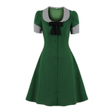 Women Single-Breasted Vintage Dress Bow Front Knee Length A-Line Button 1950s Style Office Ladies Tunic Shirt
