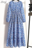 Print Long Dress Women Lantern Long Sleeve High Waist Elegant Party Dress Ladies Casual Spring Summer Beach Maxi
