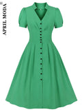 Green Blue Women's Rockabilly Dress 1950s Pinup Casual Vintage Solid Flare Dresses Robe De Cocktail Button Shirt