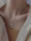 Rhinestone Butterfly Pendant Double Layered Necklace- Outfit