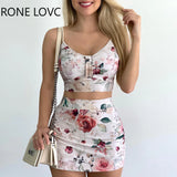 Women V-Neck Floral Print Spaghetti Strap Crop Top & Skirts Sets Casual 2 Pieces