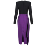New Summer Women Long Sleeved Bandage Dress Sexy Round Neck Black Purple Patchwork Celebrity Club Midi Party Dress