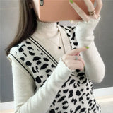 Leopard Pattern Knitted Sweater Vest Women Loose Sleeveless Fashion Short Pullover Sweater Vest Female Spring Autumn